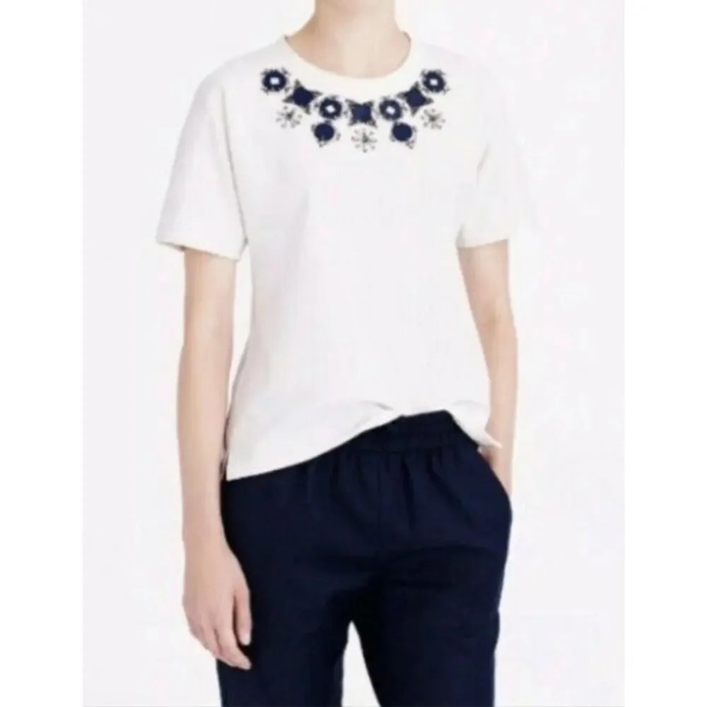 J.Crew Jewel Embellished Beading Short Sleeve Crewneck Blouse Top XSS White Blue